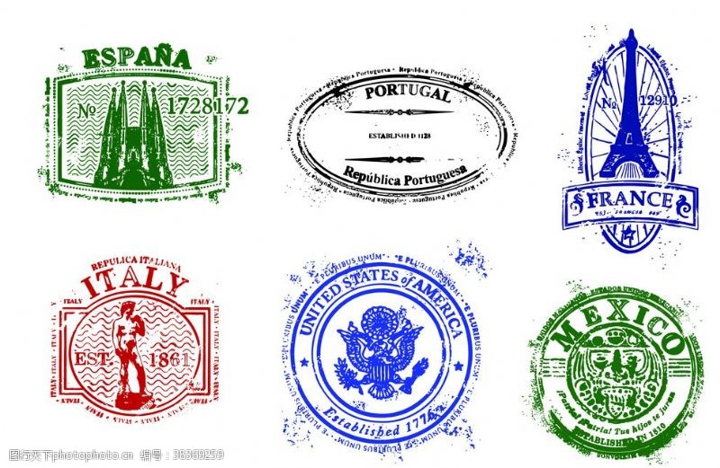 世界著名风景矢量邮戳邮票世界著名国家