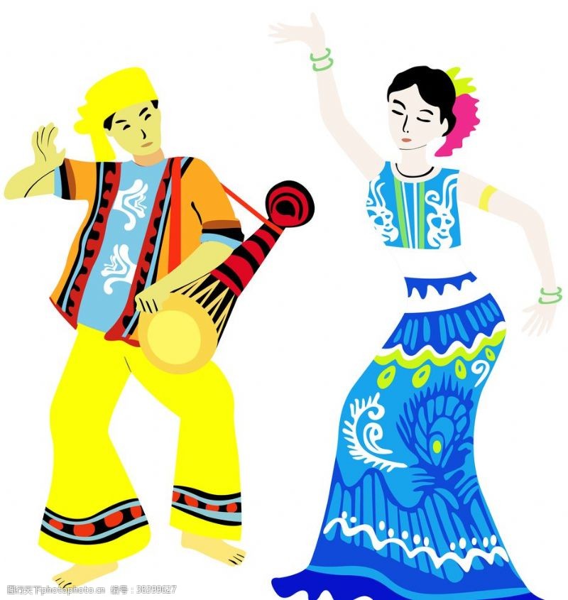 民族广场傣族少数民族卡通漫画人物舞蹈