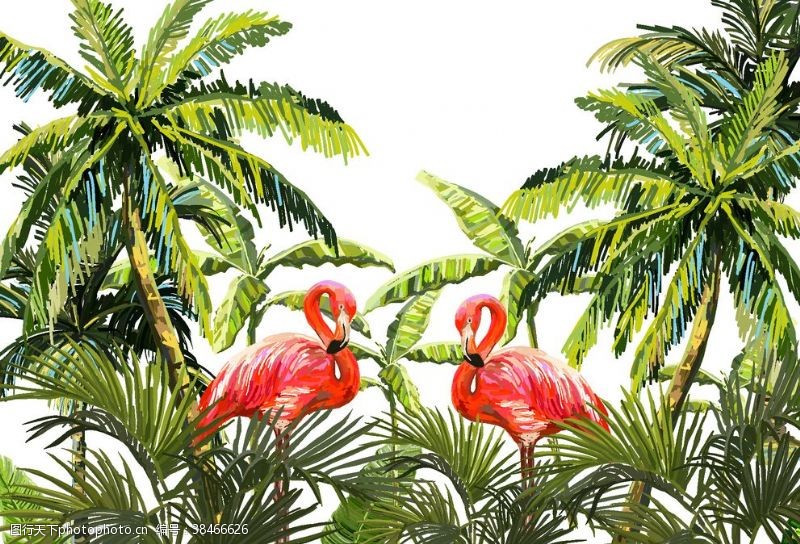 手绘卡通棕榈树手绘树和鸟
