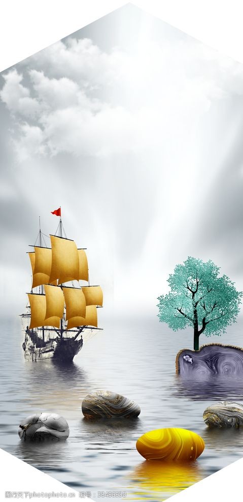 横联新中式帆船石头风景装饰画