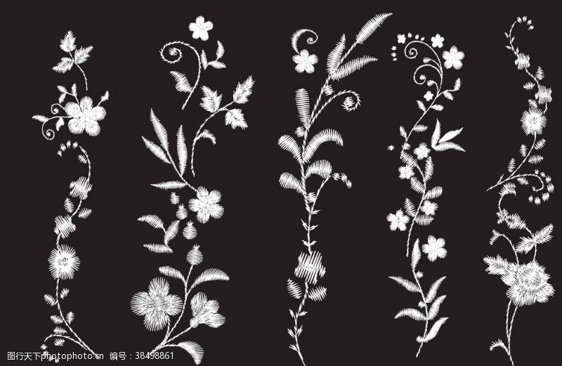 服装手稿绣花矢量图黑白花朵