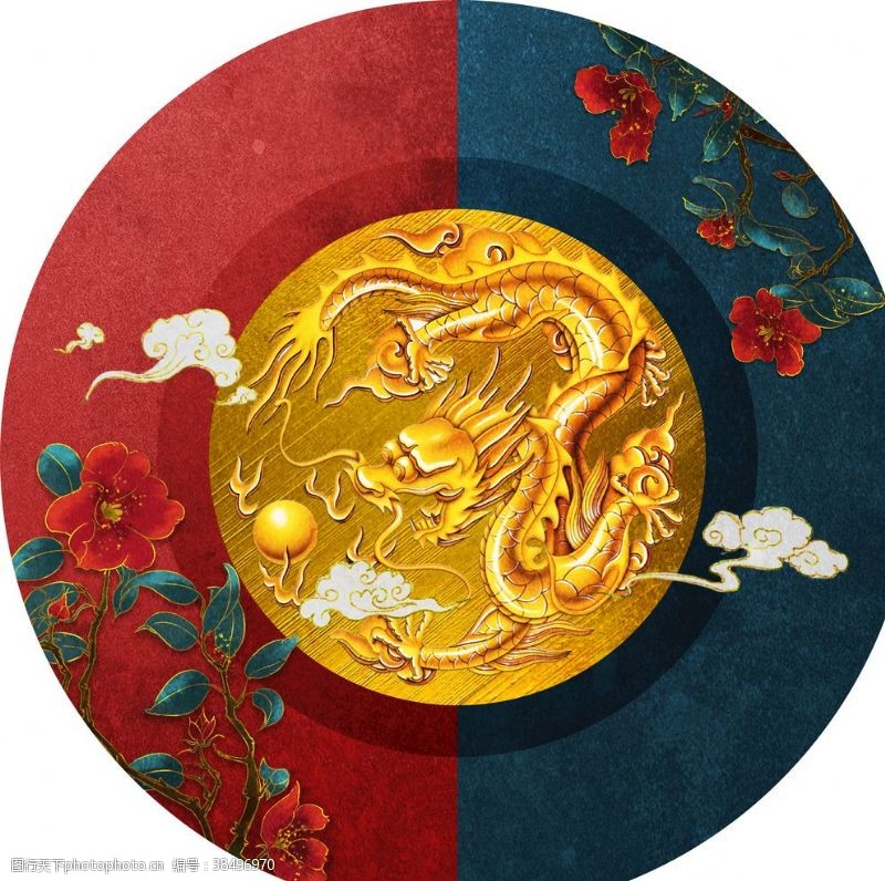 圆形龙新中式古典国潮宫殿复古装饰画
