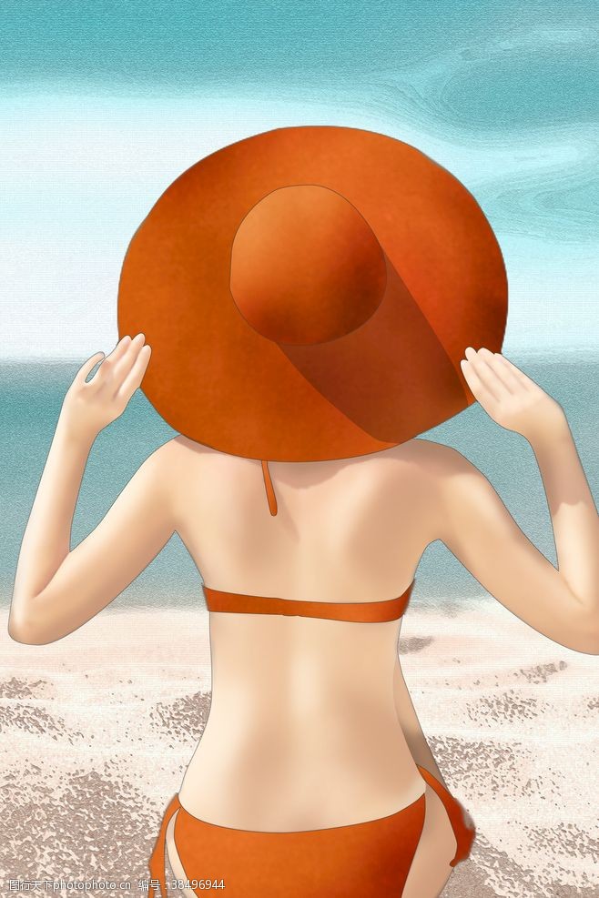 沙滩美女新中式美女人物爱马仕橙色装饰画