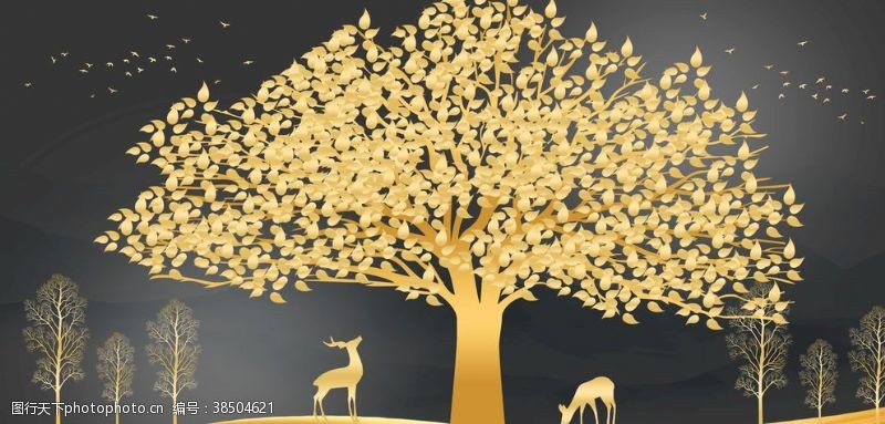 横联新中式金色麋鹿大树装饰画