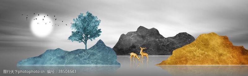 横联新中式手绘风景山水麋鹿装饰画