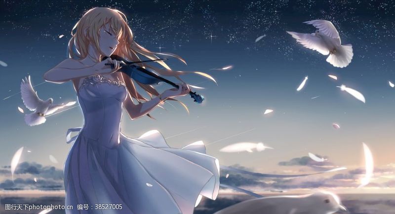 rgb优雅唯美拉小提琴的漫画少女