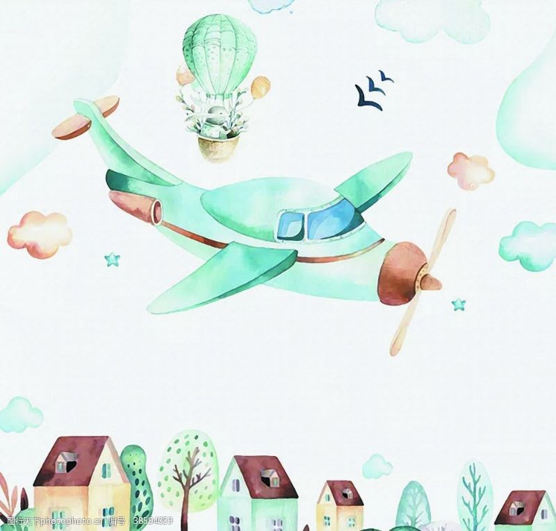 热气球壁纸飞机热气球房屋卡通装饰图