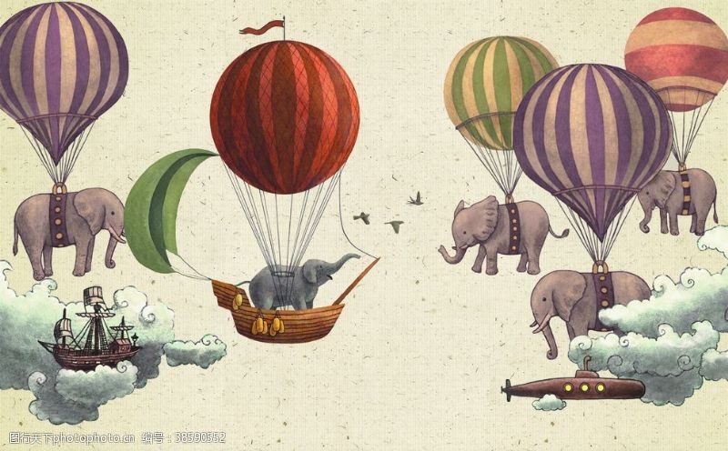 热气球壁纸热气球潜艇船大象混合卡通装饰画