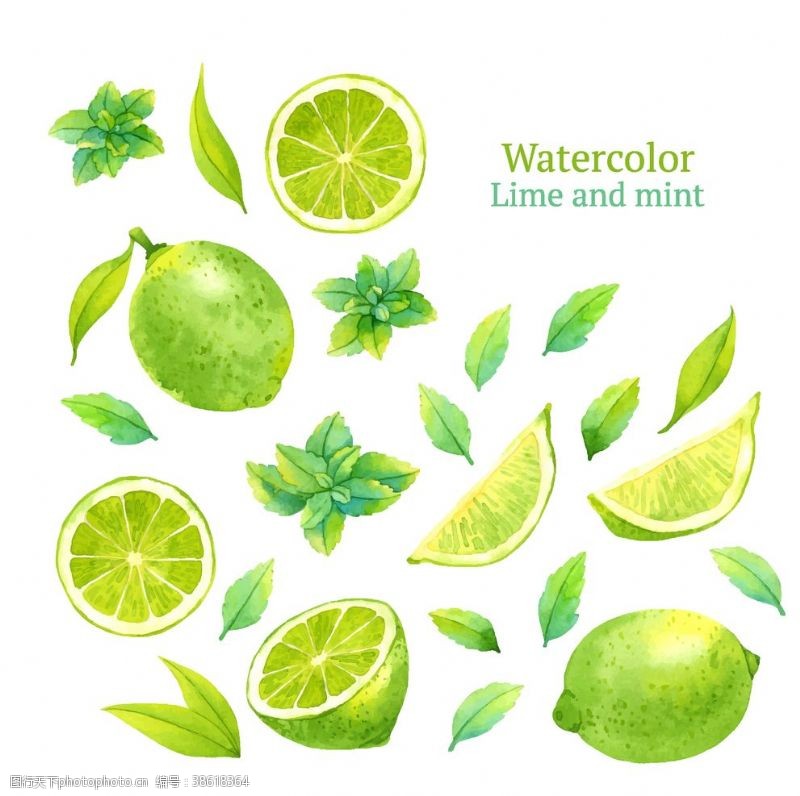 彩色手绘果汁插画手绘柠檬绿茶矢量插画素材元素