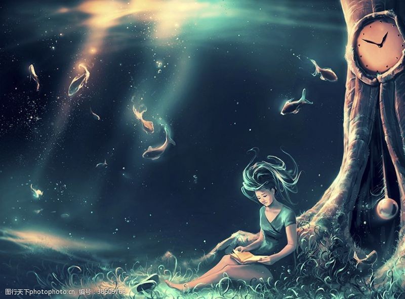读书梦水下树旁读书女孩