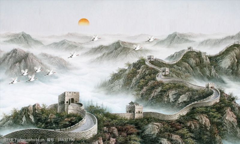 山水画长城中式背景墙