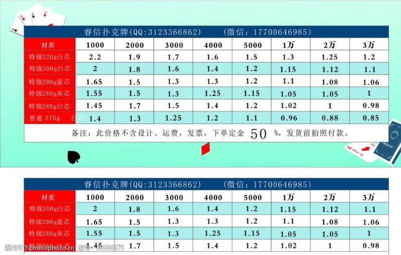 扑克牌价格表