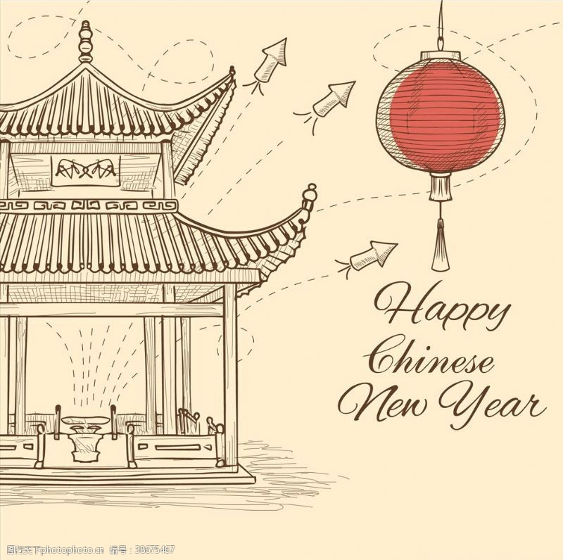 古典茶壶新年中国风古建筑矢量线描