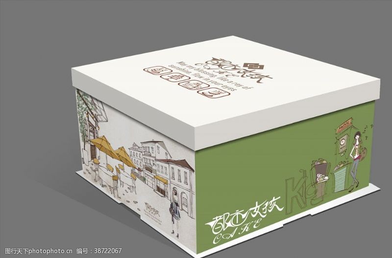 手绘城市免费下载都市女孩蛋糕盒