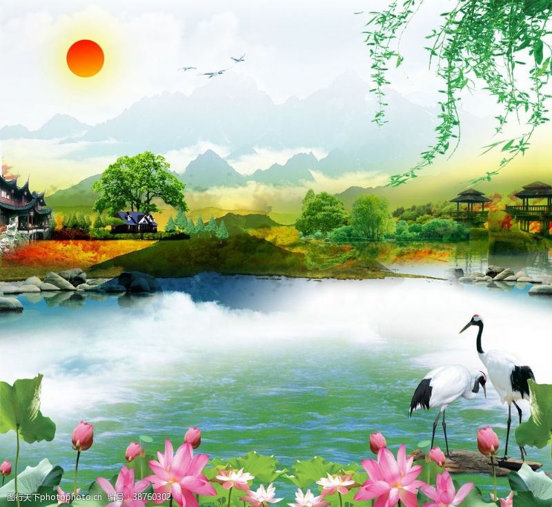 锦绣山河风景画自然风光背景墙
