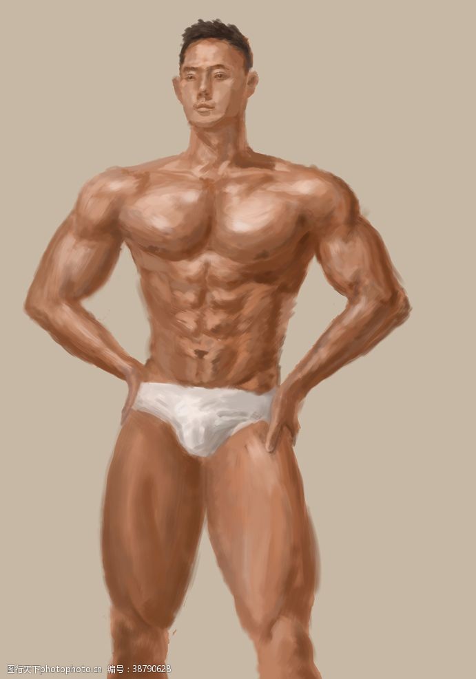 肌肉男模特健身手绘
