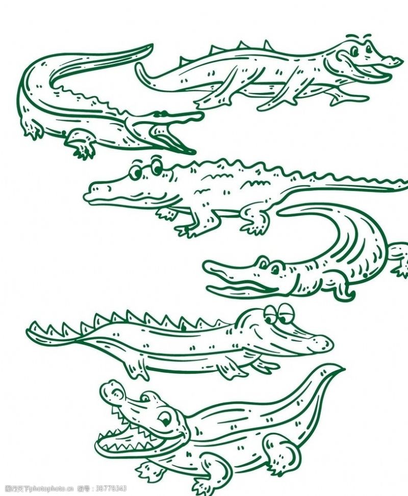 手绘卡通鳄鱼线描鳄鱼装饰图案