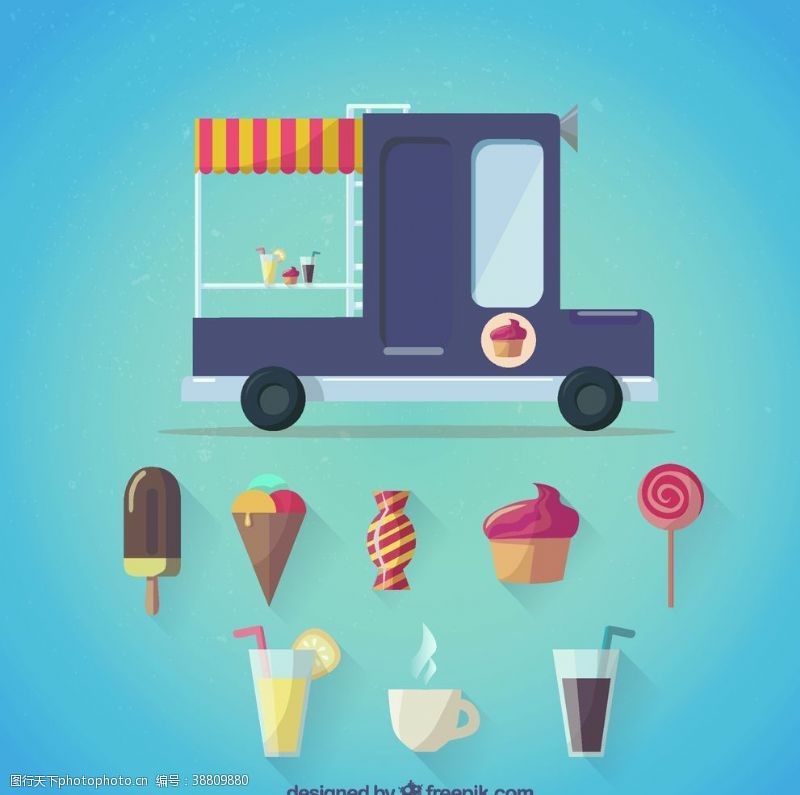 果味冰淇淋卡通风格冰淇淋车图片