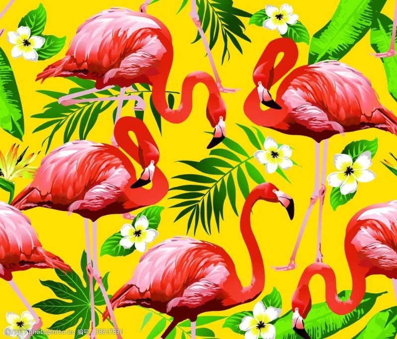 旗袍图案火烈鸟热带植物