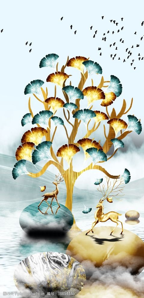 北欧银杏叶抽象麋鹿风景装饰画