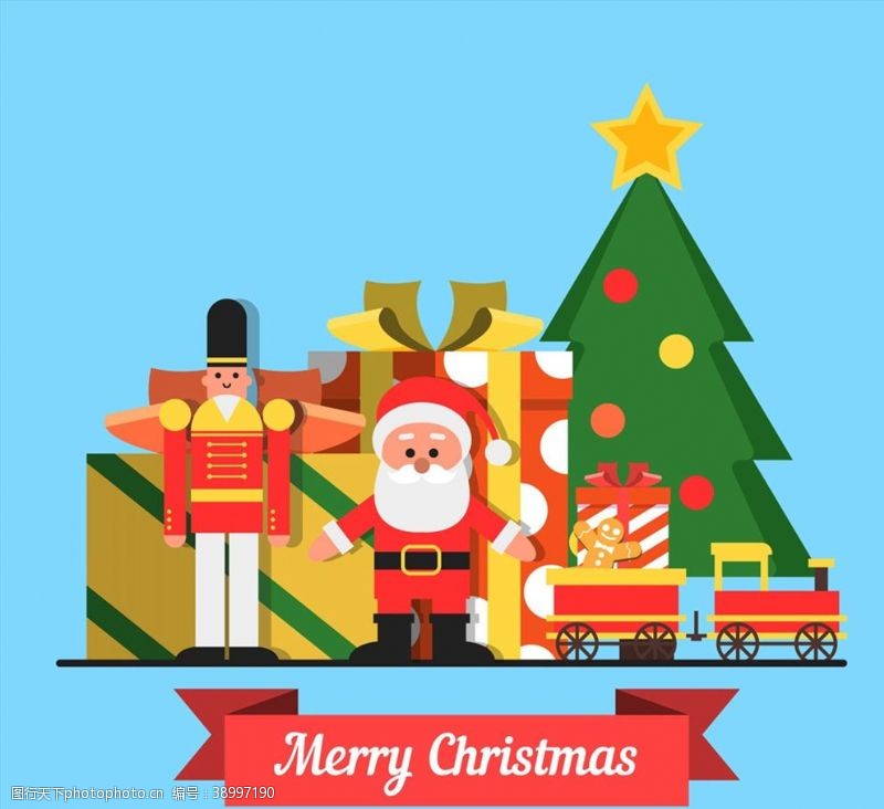 可爱的圣诞老人圣诞树下的玩具图片