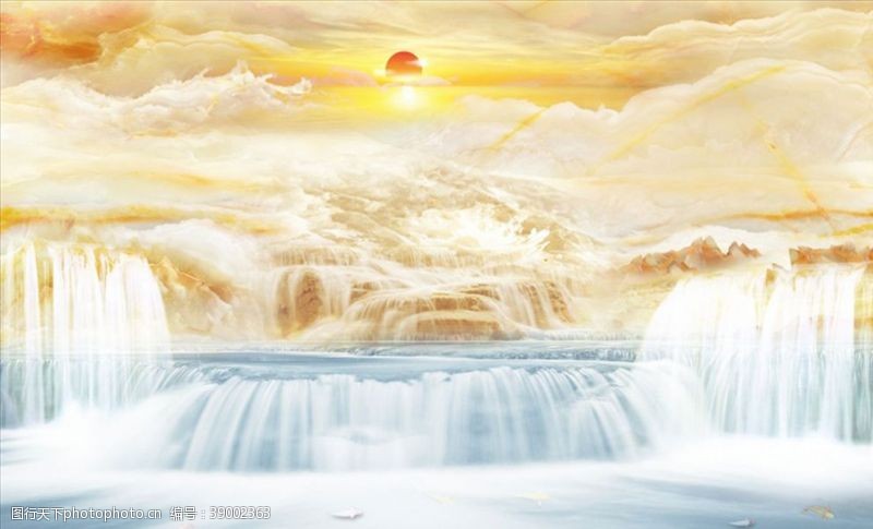 山中瀑布山水画瀑布太阳背景墙图片