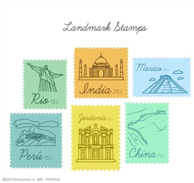 手绘旅游地标邮票图片