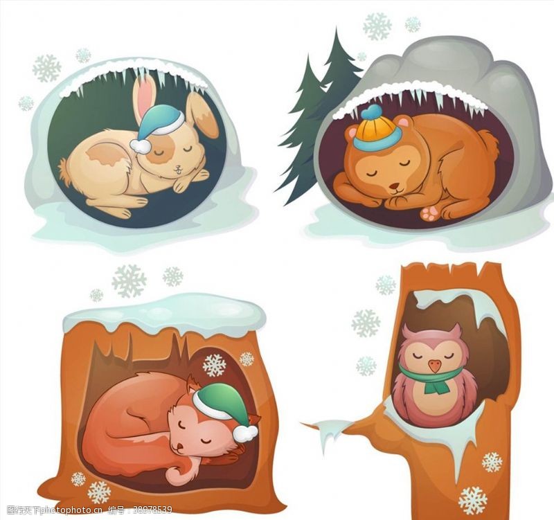 雪花卡通冬眠动物矢量图片