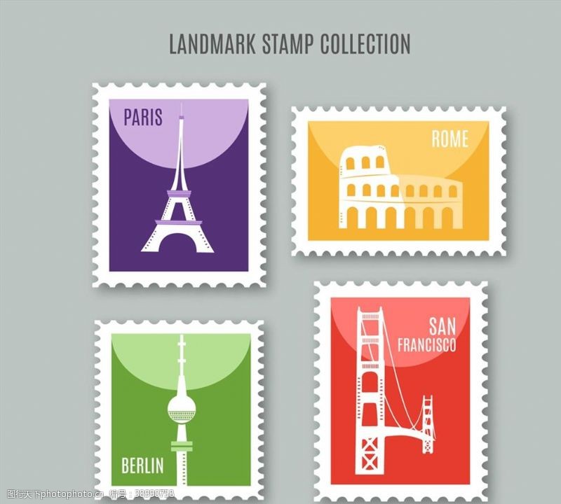 巴黎铁塔旅游元素邮票矢量图片