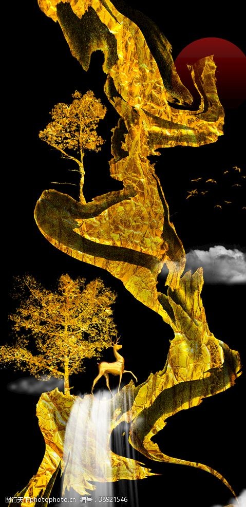 星空装饰画抽象烁金麋鹿艺术金山银水装饰画图片