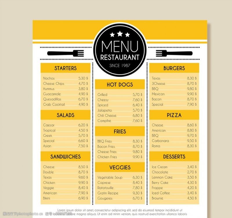 文件黄色餐馆菜单设计图片