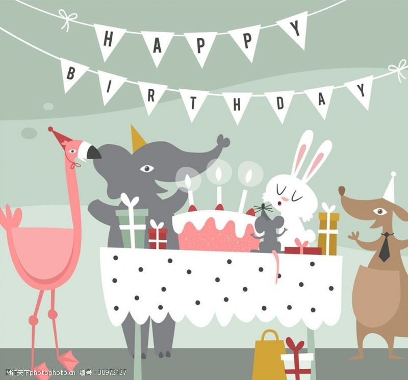 三角拉旗可爱动物生日派对图片