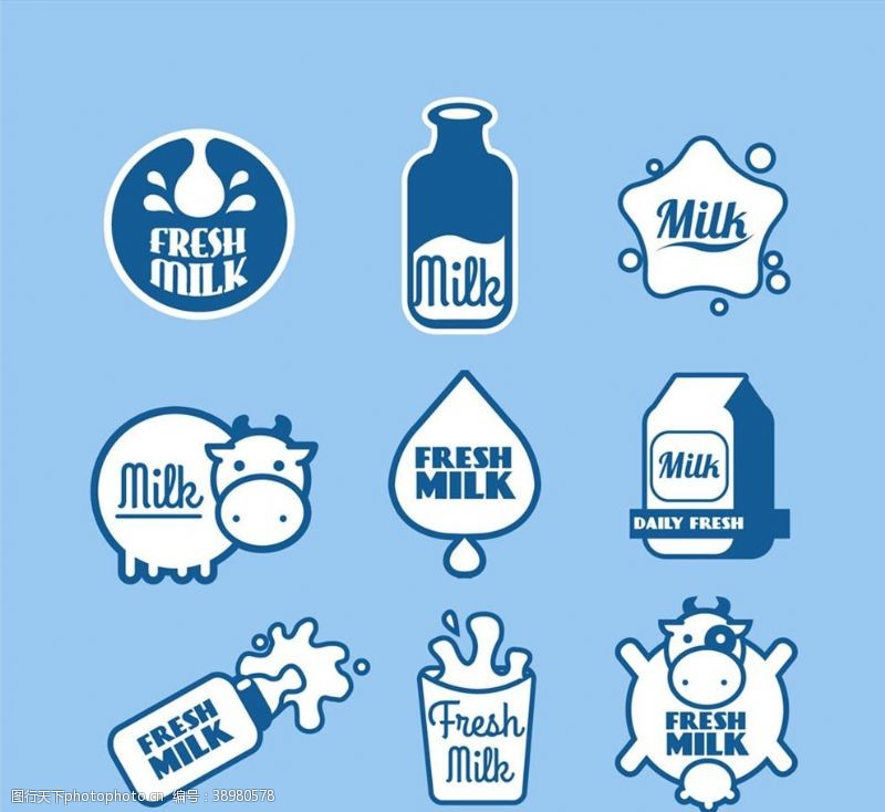 矢量奶瓶蓝色牛奶标签图片
