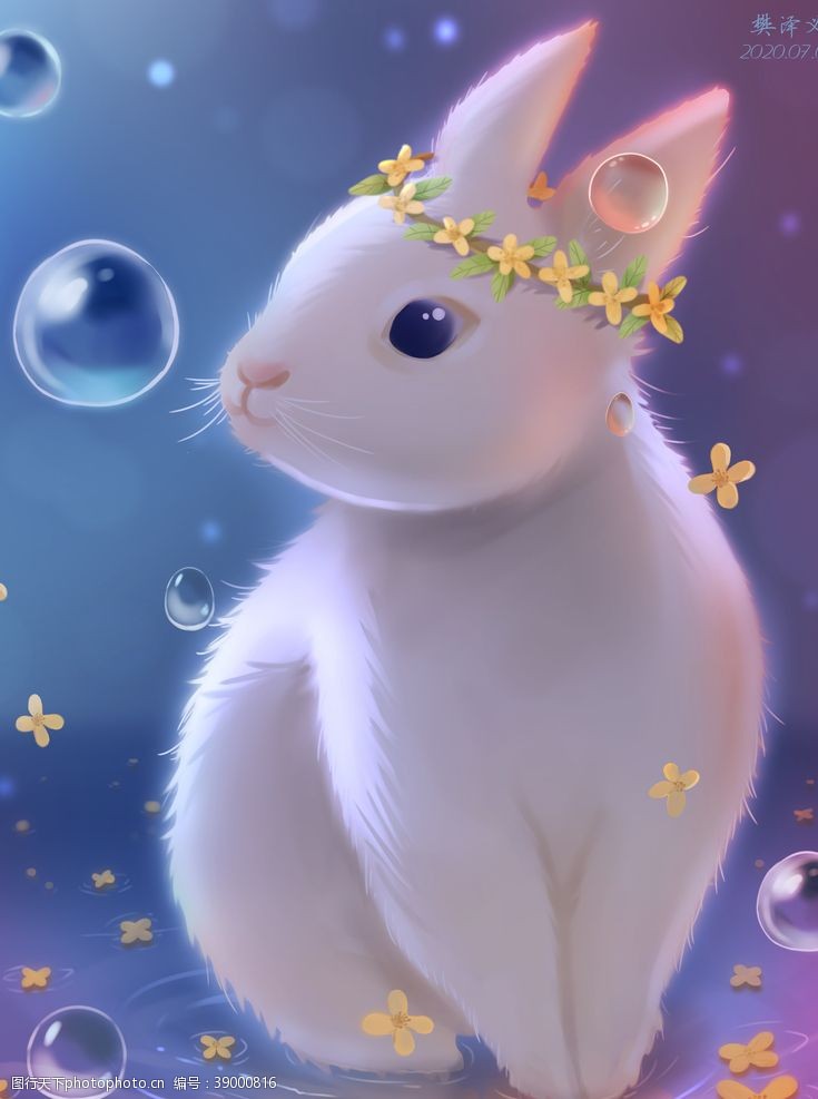 紫色花纹梦幻戴花环的兔子插画图片