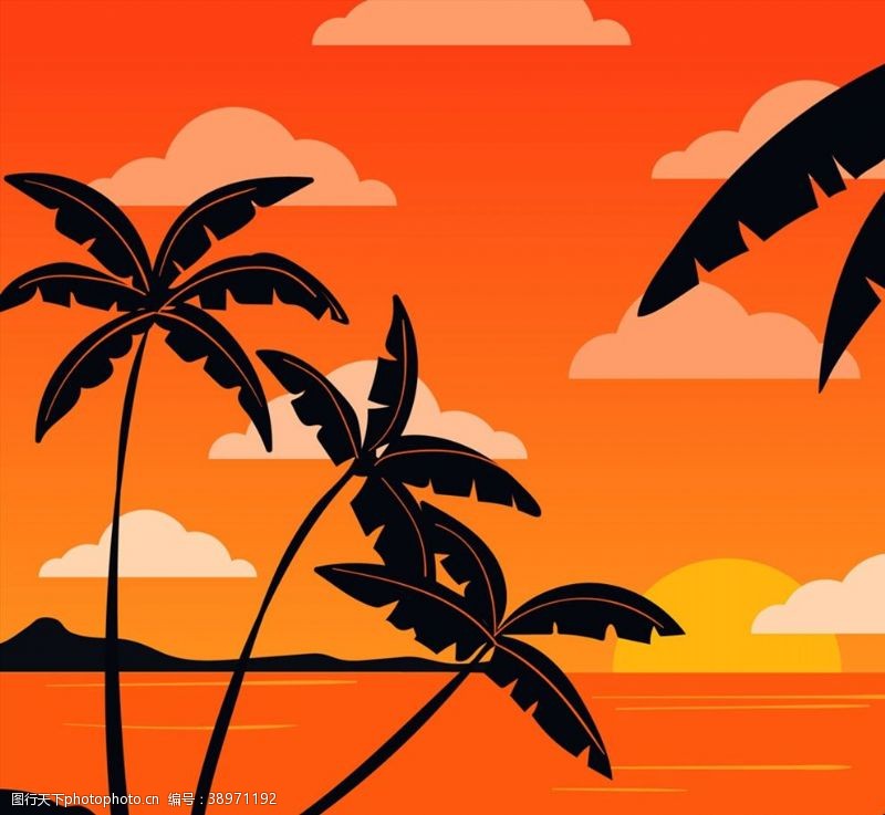 夕阳下的椰子树剪影图片