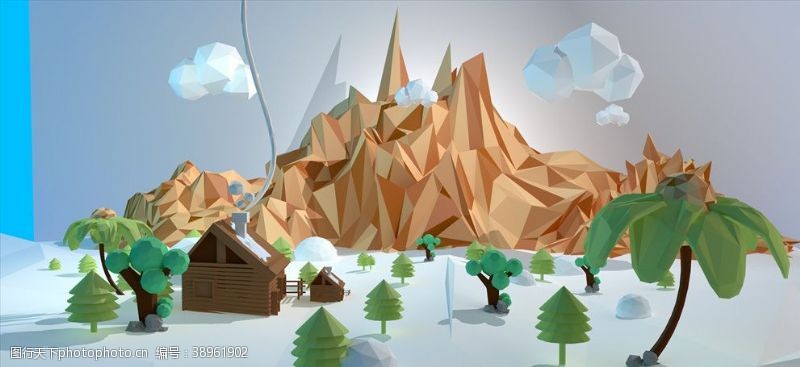树木模型森林里的小木屋图片