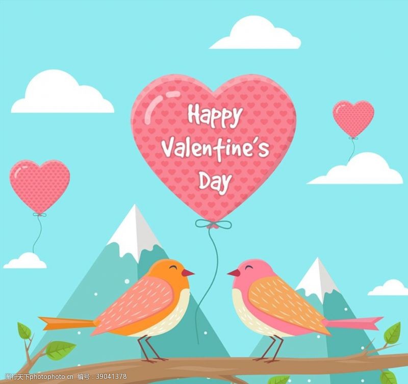 爱心情人节情侣鸟和气球图片