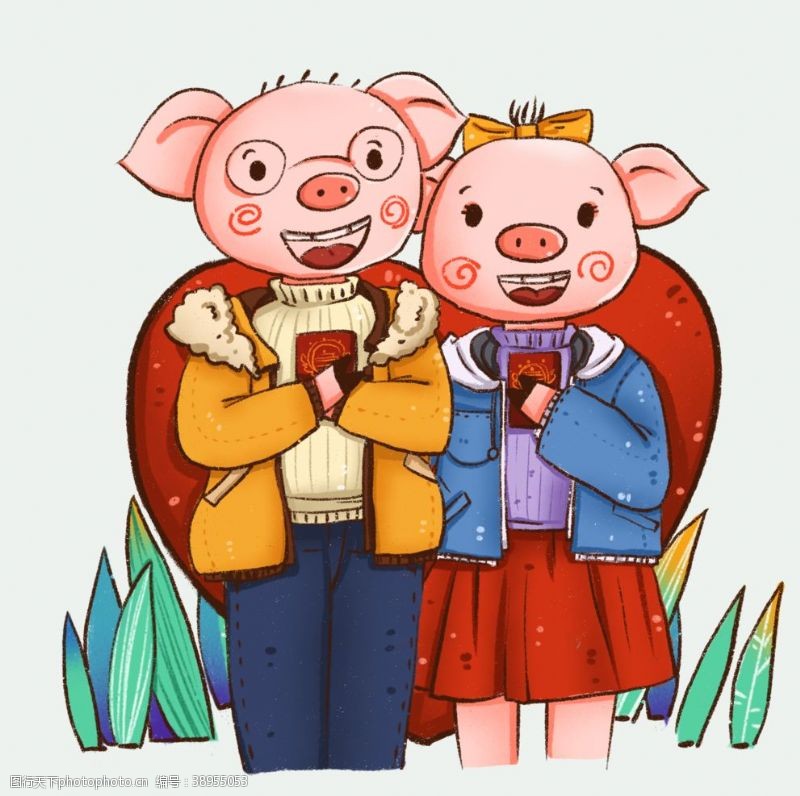 吉祥手绘猪卡通猪情侣图片