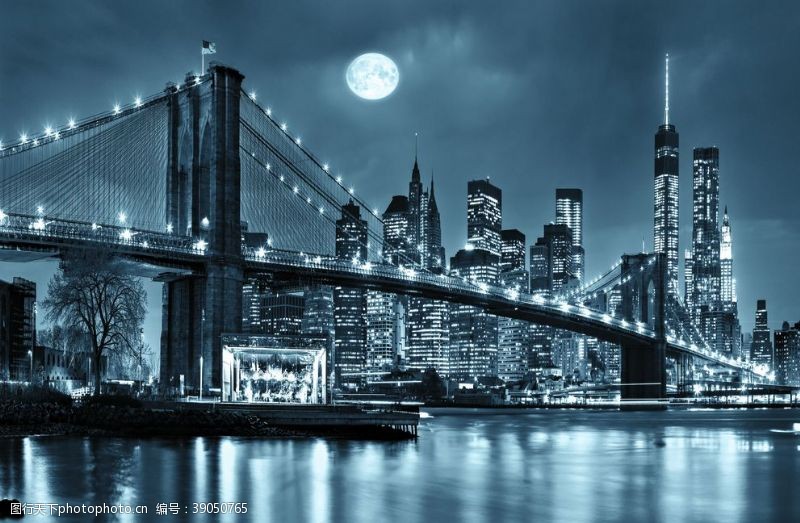 影壁画城市吊桥夜景明月当空装饰图图片