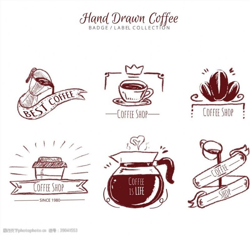 手绘矢量咖啡杯咖啡徽章和标签图片