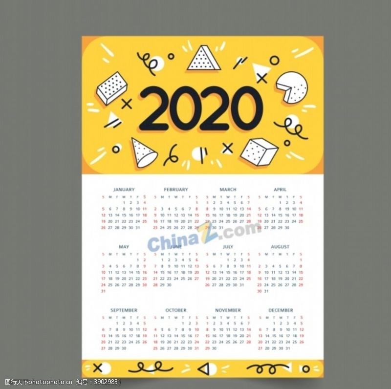 手绘几何风格2020年日历模板图片