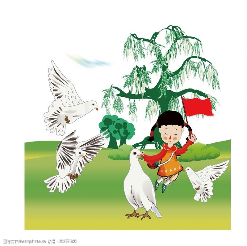 矢量柳树手绘女孩和鸽子图片