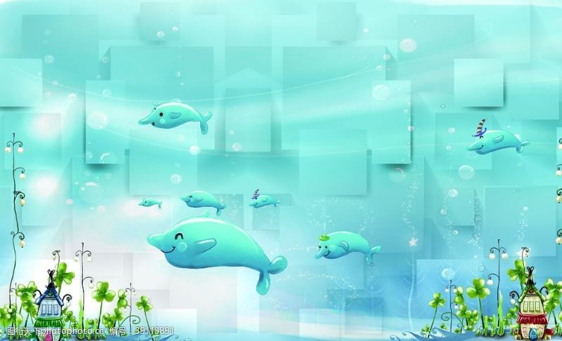 幼儿壁纸卡通海洋海豚蓝色背景图片