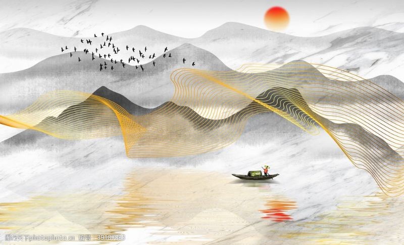 山中瀑布中国风背景墙图片