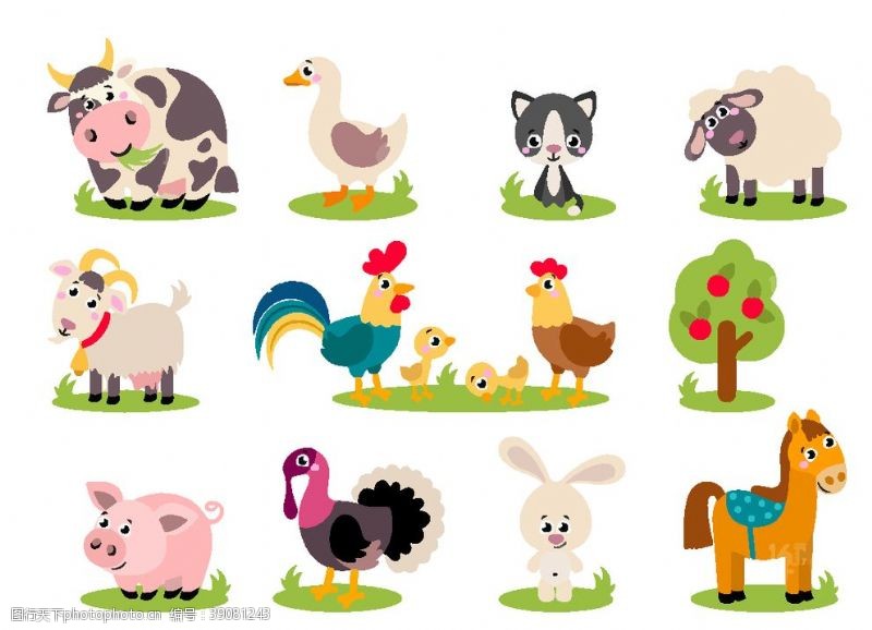 生猪养殖多款彩色卡通动物集合矢量素材图片