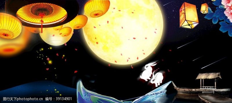 夜猫淘宝天猫中秋节月亮灯笼背景素材图片