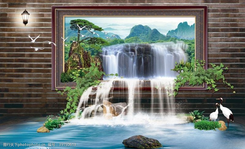 瀑布玄关高山流水瀑布迎客松背景墙图片