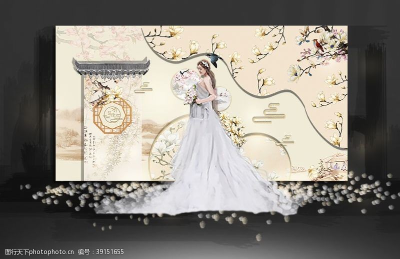 香槟色新中式婚礼迎宾区效果图图片